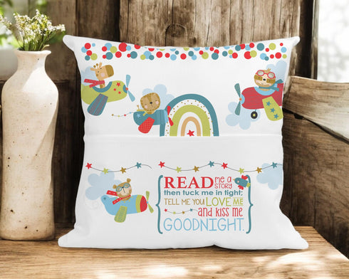 Children's Personalised Book Cushion, Personalised Gift for Children, Birthday Gift Ideas, Airplane Cushion, Perfect for Bedtime Stories