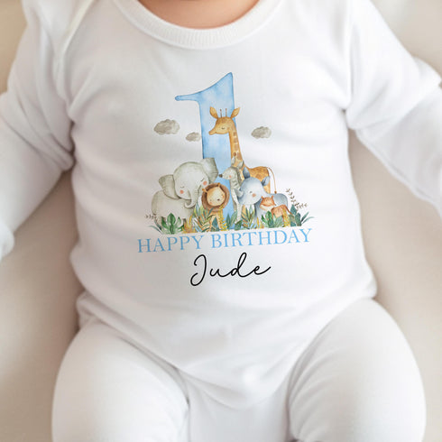 Personalised Blue Safari First Birthday T-shirt Sleepsuit Vest or Bib