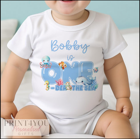 Personalised First Birthday Under the Sea T-shirt Sleepsuit Vest or Bib - One-der the Sea Fish Design