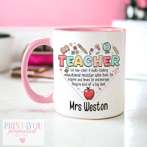 Personalised Teacher Mug – Thank You Teacher Gift – Pink or White Ceramic Mug – End of Term Gift for Teacher