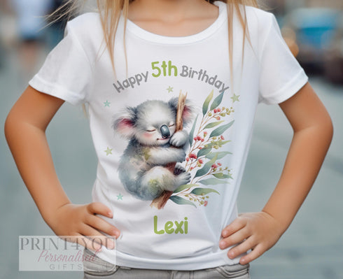 Personalised Koala Birthday T-Shirt for Any Age - Cute Cotton Top for Girls