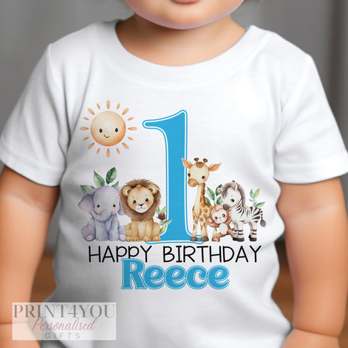 Personalised Safari Jungle First Birthday T-shirt or Sleepsuit in Blue Green or Pink - Gender Neutral for Boys and Girls