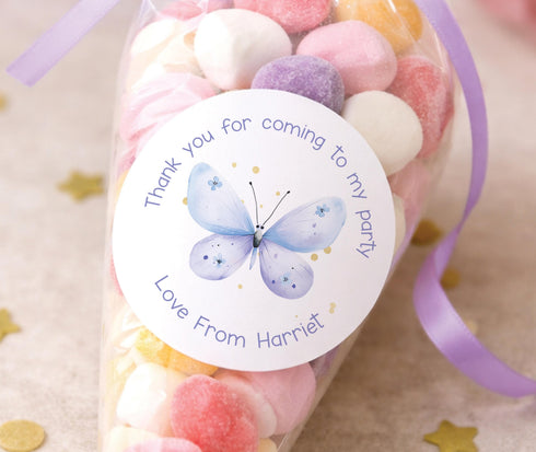 Butterfly Thank You Stickers - Glossy Round Custom Name Labels | Party Favour Seals