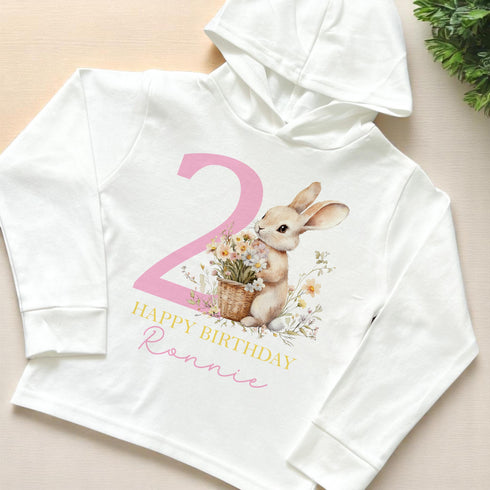 Birthday Bunny Rabbit Personalised Lightweight long-sleeved t-shirt with hood - Super Soft cotton jersey top, Numbers 1-5