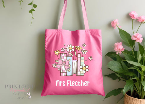 Personalised Teacher Tote Bag with Floral Design Books Custom Name Gift for Educators Perfect End-of-Term Thank You 10L Capacity