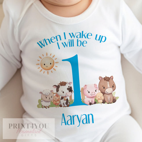 Personalised First Birthday Outfit – Blue Farm Animal Tee & Soft Cotton Sleepsuit - Bib