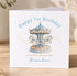 A birthday card with a carousel illustration and the text "Happy 1st Birthday to a very special son Brandon" written on it.