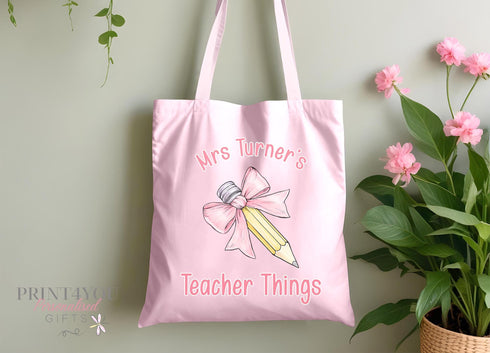 Personalised Teacher Tote Bag with Pencil Bow - Custom Name Gift for End of Term