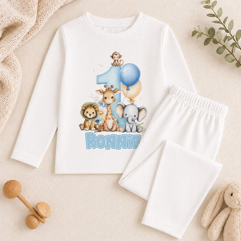 Personalised Birthday Pyjamas – Blue Safari Animal Print 1st Birthday PJs For Baby Boys - 6-12 months