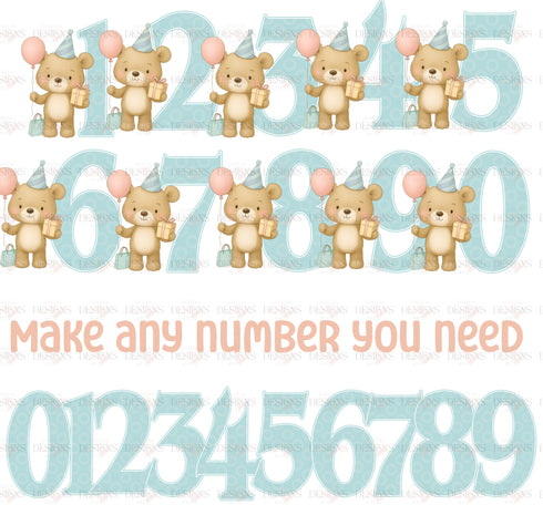 Birthday Bear PNG Number Set – 0–9 with Party Balloon & Gift