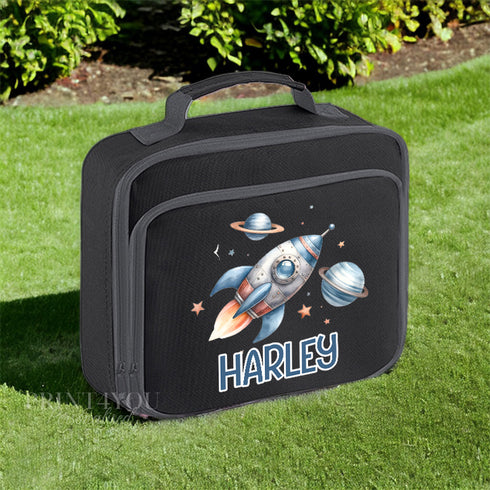 Space Rocket Personalised Lunch Cooler Bag with Separate Front Zip Compartment, Fully Insulated