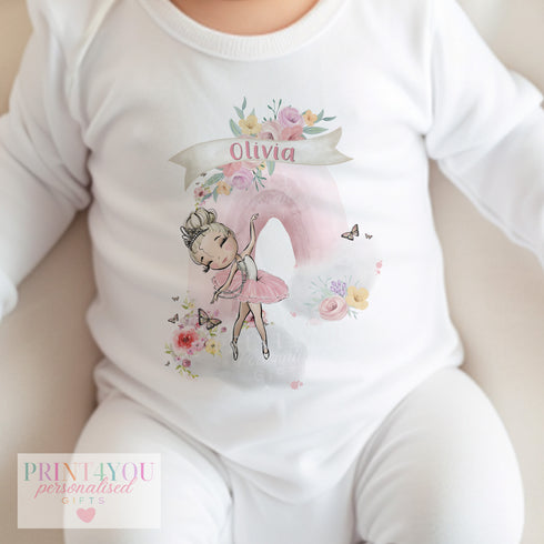 Personalised Blonde Ballerina Rainbow Sleepsuit, vest, bib and t-shirt