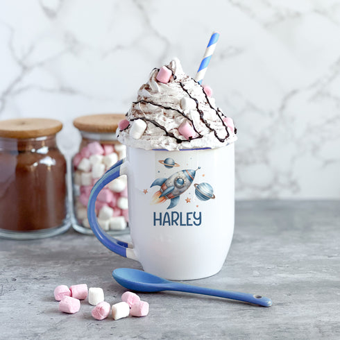 Personalised Mug with a Spoon, Blue Handled Mug, Christmas Gifts for Children, Stocking Filler, Space Rocket and Name