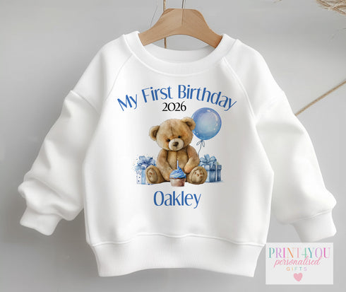 Personalised First Birthday Jumper, Birthday Sweatshirt for Children, I am One, Blue Teddy Bear Jumper