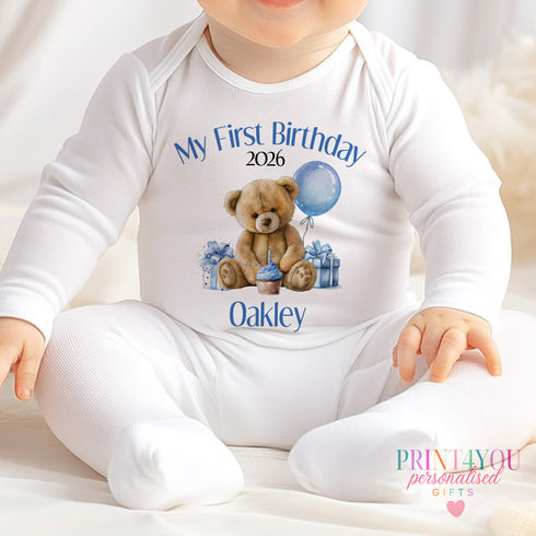 Personalised First Birthday One T-shirt, Sleepsuit and vest, Blue Teddy Bear First Birthday Outfit.