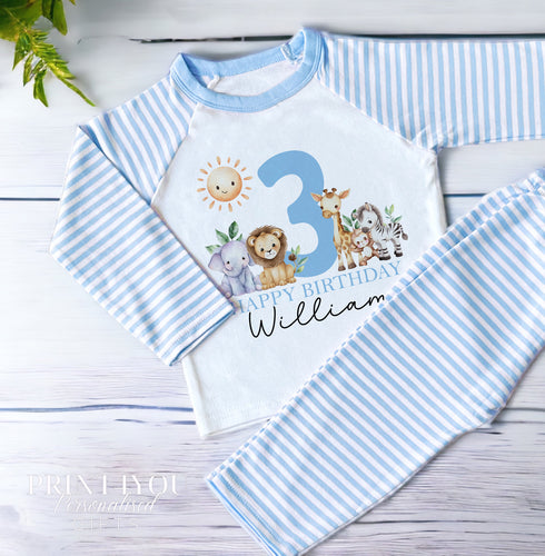 Personalised BlueStriped Children's Pyjamas with Safari Animals and Birthday Age ANY AGE