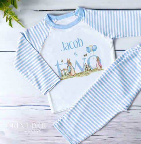 Personalised blue striped boys birthday pyjamas - Peter Rabbit TWO Second Birthday