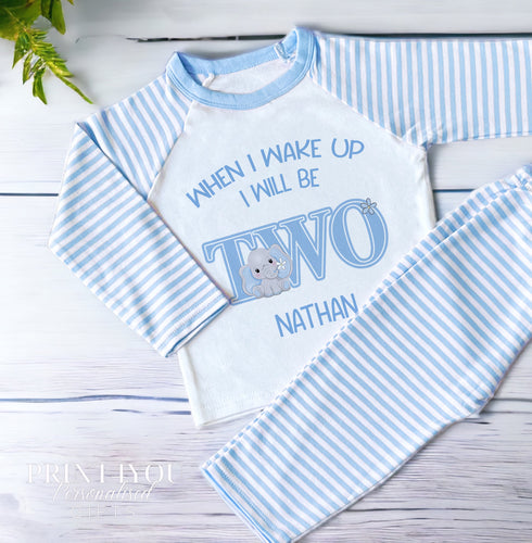 Personalised Blue Striped Children's Pyjamas "When I Wake Up I Will Be ...." with Blue Elephant