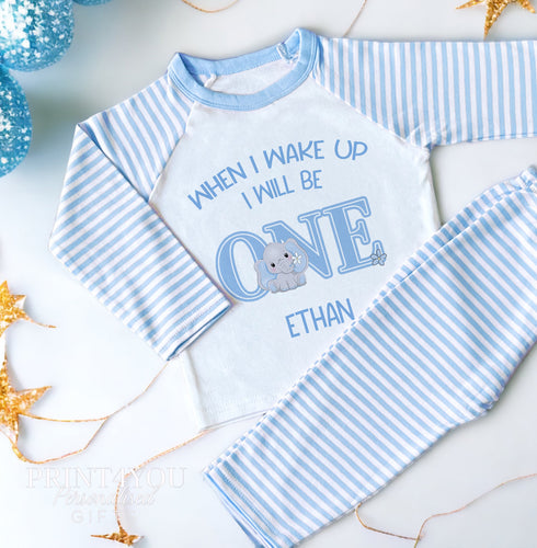 Personalised Blue Striped Children's Pyjamas "When I Wake Up I Will Be ...." with Blue Elephant