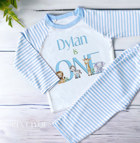 Personalised blue striped boys birthday pyjamas - Safari I am ONE