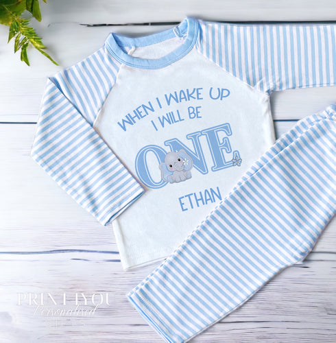 Personalised Blue Striped Children's Pyjamas "When I Wake Up I Will Be ...." with Blue Elephant