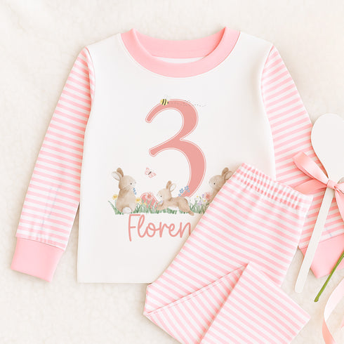 Personalised pink striped girls Pyjamas - Little Hoppy bunny with age