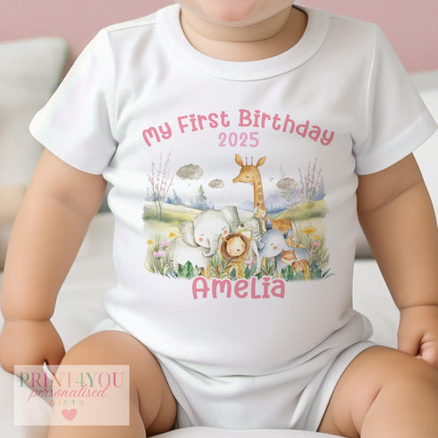 Personalised First Birthday Outfit β Safari Animal Design | Pink or Blue | T-Shirt, Vest, Sleepsuit, Bib or PJs β DTG Printed Baby Gift
