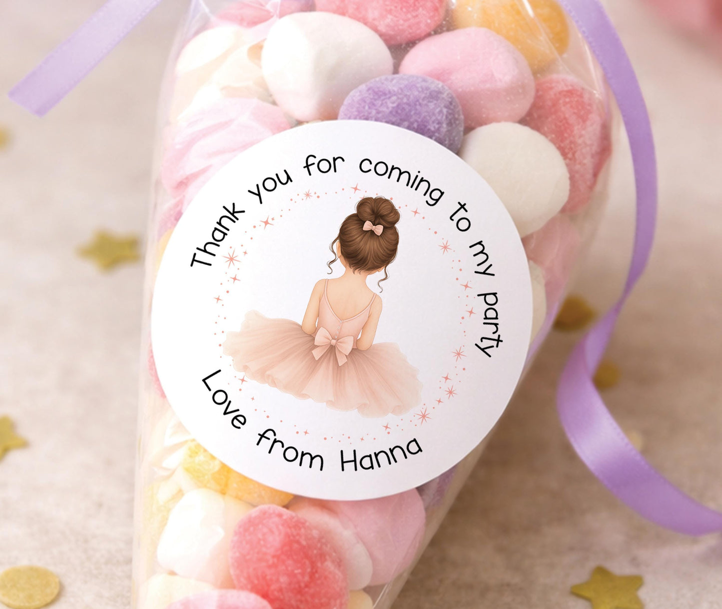 Sheet of personalised glossy round ballerina thank you stickers with custom name, ideal for party bags