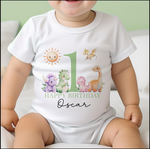 Personalised Green Dinosaur First Birthday Outfit T-shirt Sleepsuit Vest Set