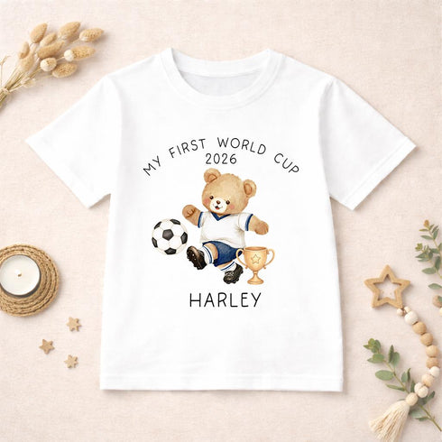 Personalised My First World Cup 2026 baby outfit with football teddy bear, custom name baby vest sleepsuit bib or t-shirt