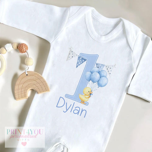 Personalised First Birthday T-Shirt Sleepsuit Vest Set - Blue Balloon Duck Design