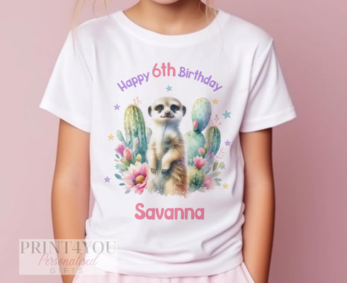 Personalised Tropical Meerkat Birthday T-Shirt - White Cotton Top for Any Age