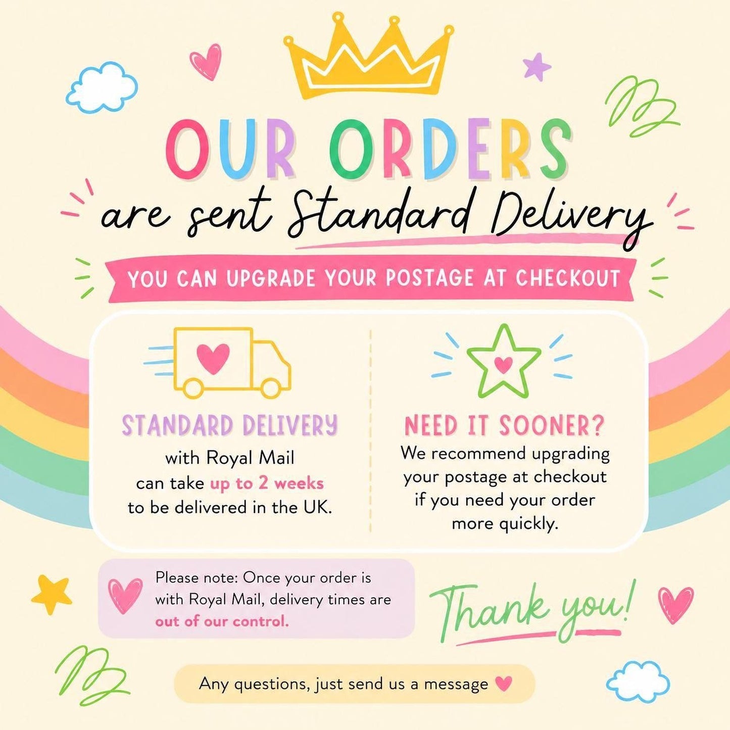 Colourful rainbow-themed graphic showing Print4You's standard delivery information.
