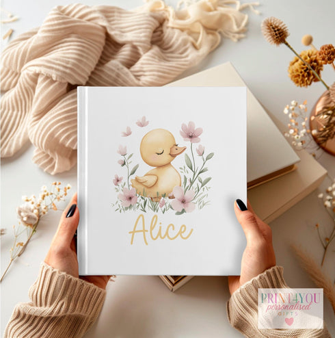 Personalised First Birthday Photo Album - Custom New Baby Keepsake - 22x22cm, Holds 76 Photos, Duck with flowers Design