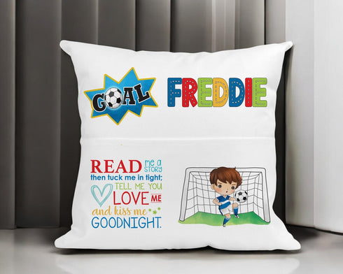 Personalised Kids Football Cushion - Custom Name Pillow - 40x40cm Bedtime Story Holder - Optional Insert
