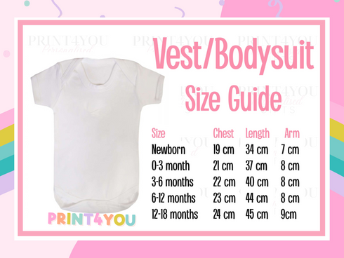 The image is a size guide for a white baby's vest/bodysuit, providing measurements for newborns, babies, and toddlers.