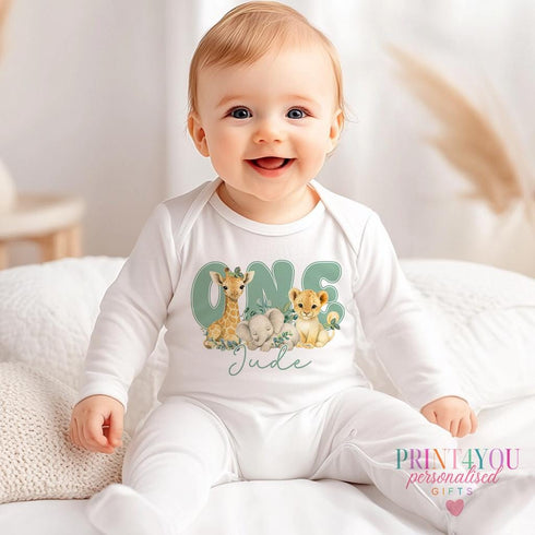 Personalised Safari First Birthday T-shirt, Sleepsuit, Vest or Bib, Sage Green Text