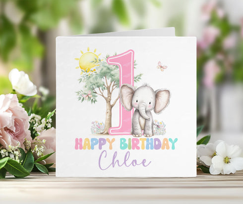 Personalised 1st Birthday Card Girl β Pink Elephant Safari Design β 6x6β Square Card with Envelope β Custom Name Keepsake