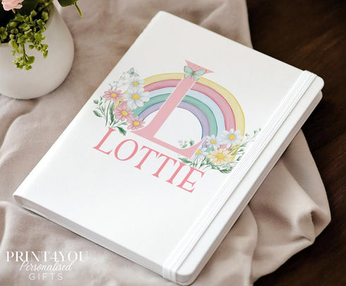 Personalised Rainbow Notebook – A5 PU Leather Journal with Name & Initial, Floral Pastel Design, Cute Gift for Her or Kids