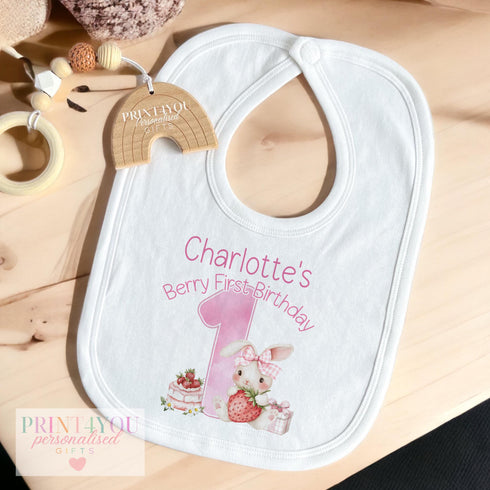 Personalised Strawberry First Birthday T-shirt Sleepsuit Vest or Bib with Bunny Rabbit Design