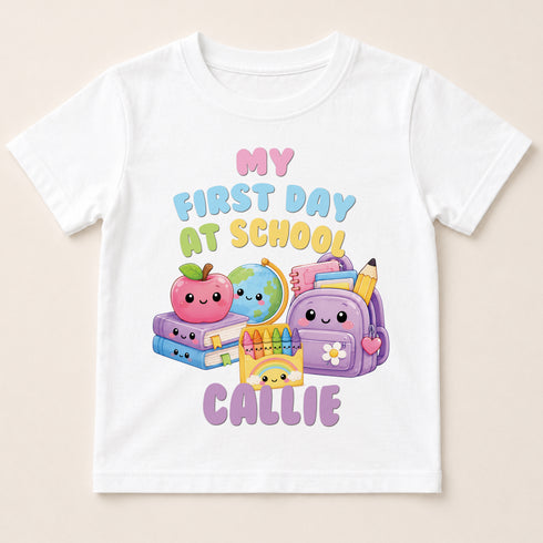 Children's clothing with the first day at school t-shirt design