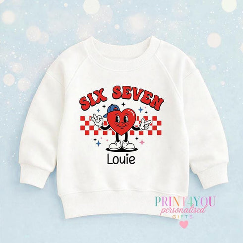 SIX SEVEN Trend Valentines Jumper for Kids – Viral Meme Style with Heart Character – Personalised Name