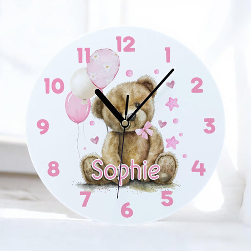Personalised Childrens Acrylic Clock - Pink Teddy Bear with Balloons Ideal New Baby Girl Gift - 245cm Wide.