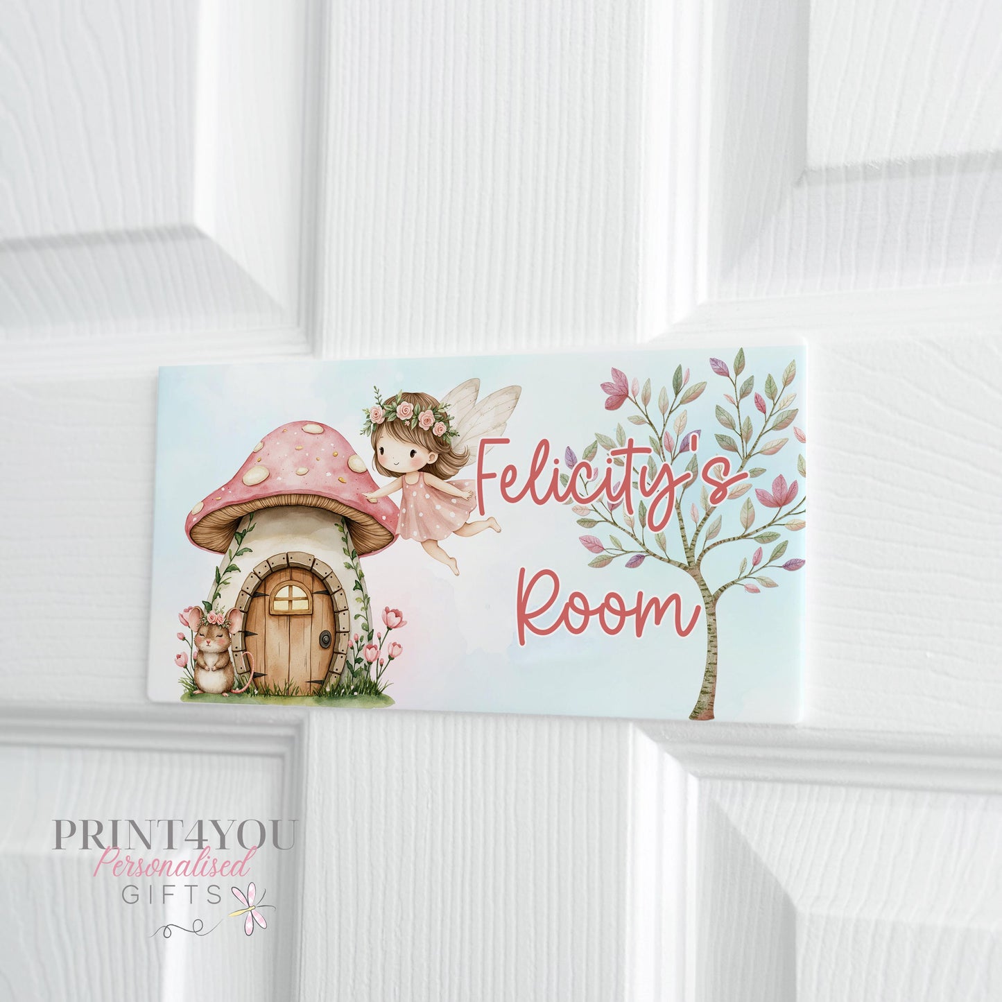 Acrylic fairy door plaque personalised with a girl's name for a bedroom door