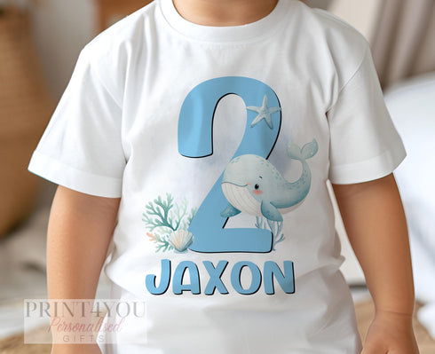 Personalised Whale Birthday T-Shirt for Boys | Ocean Theme Age Tee | Cotton DTG Printed | 6m-10yrs Party Outfit
