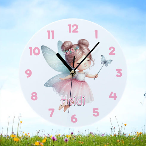 Personalised Childrens Acrylic Clock Pink Fairy Design Ideal New Baby Gift 24.5cm for Girls Bedroom