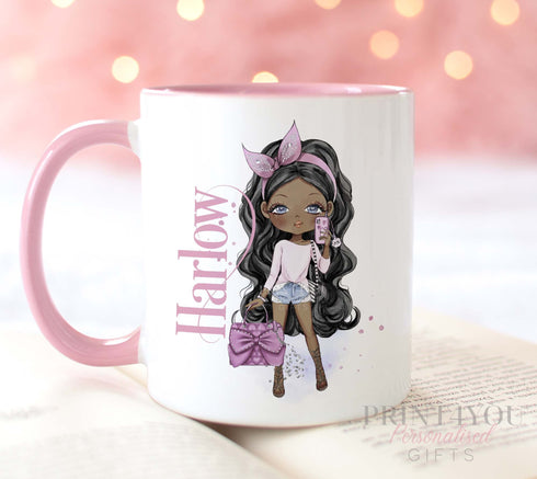 Designer Fashion Girls Personalised Gift White Mug, Pink coloured trim, Hair and Skin Variations