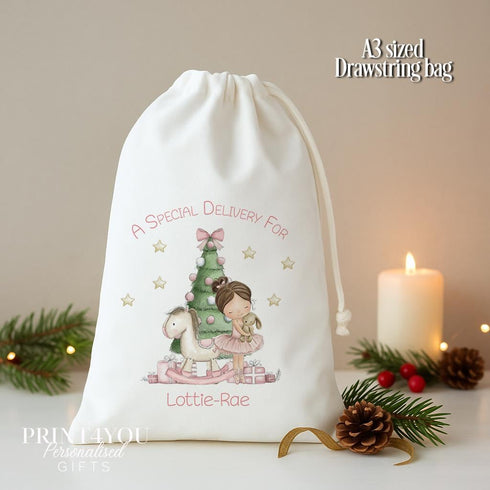 Personalised Christmas Gift Bag – Ballerina Drawstring Sack A3 for Girls
