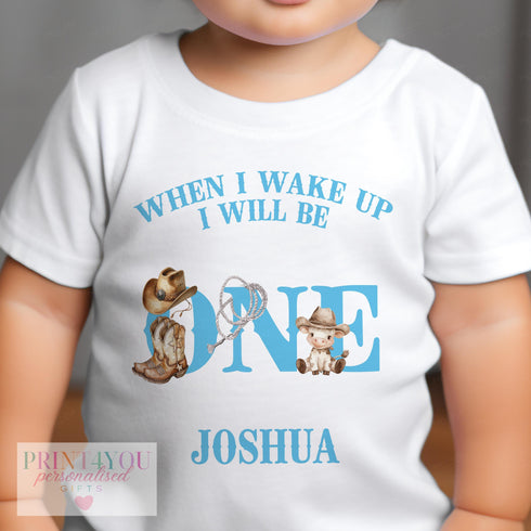 Personalised My First Rodeo T-shirt, Cowboy Style Boys Vest, Sleepsuit or Pyjamas. Blue Cowboy Western Style When I wake Up