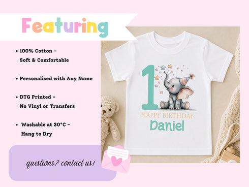Personalised first birthday t-shirt with elephant design shown alongside soft cotton fabric details
